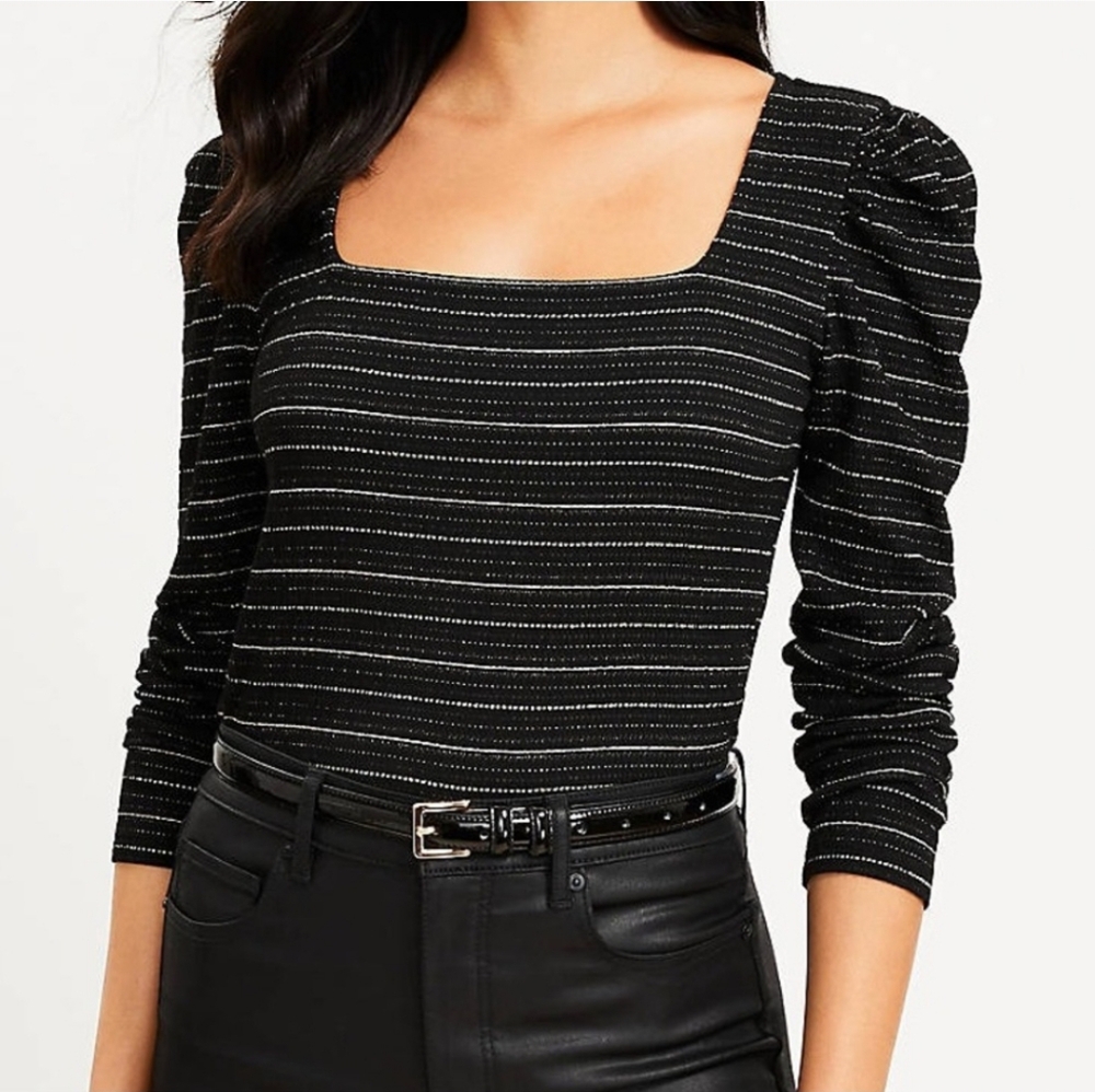 LOFT Black Sparkle Puff Sleeve Square Neck Top NWT